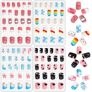 JANYUN 96 Pcs Fake Nails for Kids Preglue Full Cover Short False Nails Children Nails Lovely Gift
