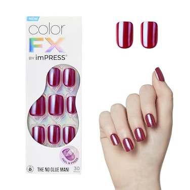 imPRESS Kiss Impress No Glue Mani Press On Nails Color FX This City Red Short Size Squoval Shape Includes 30 Nails Prep Pad Instructions Sheet 1 Manicure Stick 1 Mini File