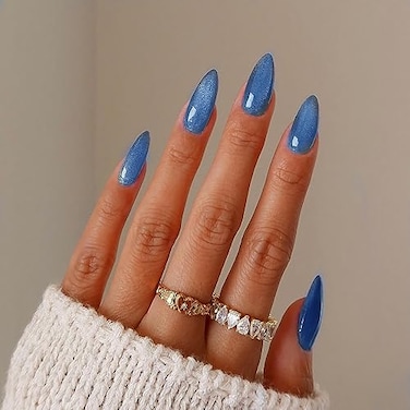 KKUUOO Blue Press on Nails Almond Fake Nails Gradient Acrylic Nails with Glitter Full Cover False Nails Glossy Stick on Nails Reusable Artificial Nails Jelly Press on Nails for Women Girls 24 Pieces