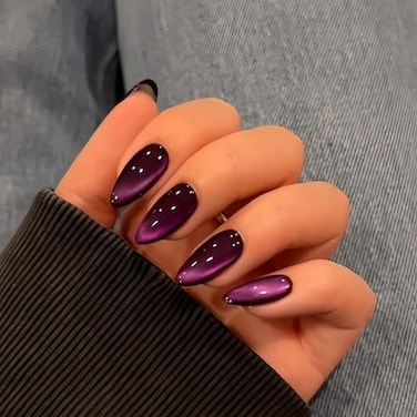 KQueenest Purple Cat Eye Press on Nails Almond Shape 30 Pcs Black Glitter Fake Nails Medium Thick Dark Sparkly Nails Press on Shiny Acrylic Nails Cute Bling Stick on Nails for Women Manicure