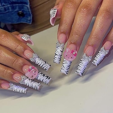 Tezocr Leopard Print Press on Nails Cute Fake Nails with Charms Long Coffin Nails Supply Full Cover False Nails for Women 24 Pcs Coffin Nails Press on Nails Leopard Print Fake Nails