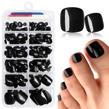 LuckForever 168pc Press on Toenails Women Fake Toe Nails with Glue Tabs Black Fake Toenails Press on Nails Short Square Acrylic Toe Nail Tips False Toenails Feet Artificial Toe Nails Press ons