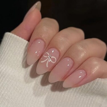 MERVF Almond Presson Nails Medium Nude Glue with Bow Rhinestones Design Stiletto Acrylic Fake Nails 24pcs for Women