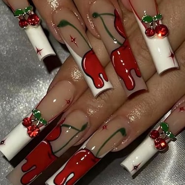MISUD Press on Nails Extra Long Square Glue on Nails with White French Tip Acrylic Cherry Rhinestone Design 24 pcs