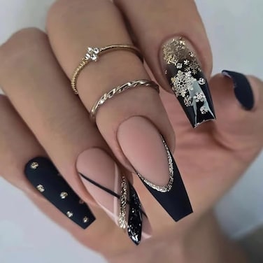 MISUD Press on Nails Long Coffin Fake Nails with Black Gold Acrylic Snowflake Glitter Design 24 pcs