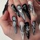 MISUD Press on Nails Long Stiletto Glue on Nails with Goth Black Acrylic Gothic Butterfly Design 24 pcs
