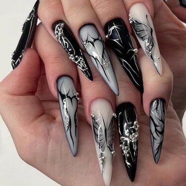 MISUD Press on Nails Long Stiletto Glue on Nails with Goth Black Acrylic Gothic Butterfly Design 24 pcs