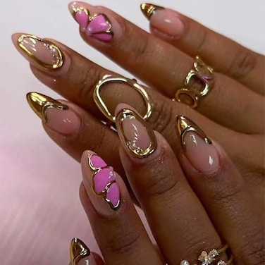 MISUD Press on Nails Medium Almond Fake Nails with 3D Gold Chrome Acrylic Butterfly Design 24 pcs
