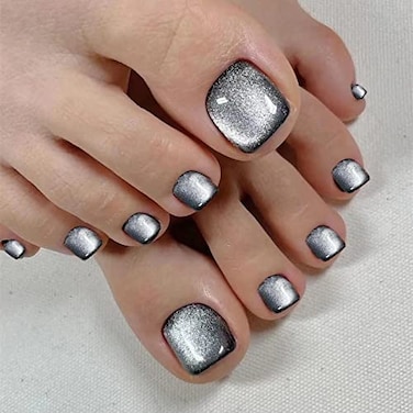 MISUD Press on Nails Toe Glue on Nails with Black Cat Eye Acrylic Toenails Bling Design 24 pcs