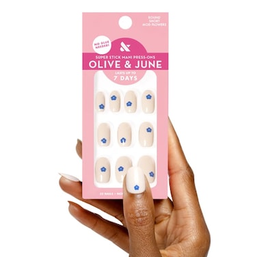 Olive & Olive June Classic Super Stick Mani Press On Nails No Glue Needed 32 Tab Nails 16 Sizes NonToxic Tabs Easy OnOff NonDamaging Realist Look 7Day Wear Short Round Mod Flowers