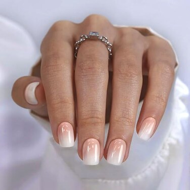 ShangMeng Ombre Press on Nails Short SHANGMENG Soft Gel Square Press on Nails for Women Gift Fit Perfectly Natural Glue on Nails in 16 Sizes 32 Reusable Fake Nails with Glue Vanilla Cream