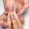 LBPEPAMZ Peach Blossom Press on Nails Short Medium Almond Fake Nails with 3D Pearl Diamond Designs Pink Flower Full Cover Stick on Nails Pink White Gradient Glossy Acrylic False Nails for Women 24Pcs
