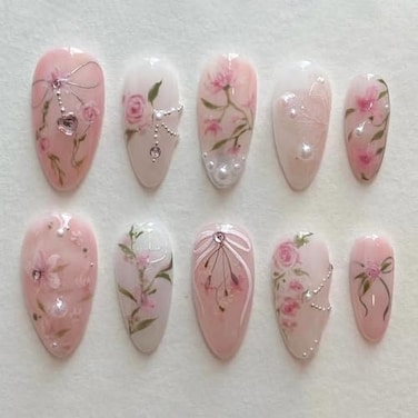 LBPEPAMZ Peach Blossom Press on Nails Short Medium Almond Fake Nails with 3D Pearl Diamond Designs Pink Flower Full Cover Stick on Nails Pink White Gradient Glossy Acrylic False Nails for Women 24Pcs