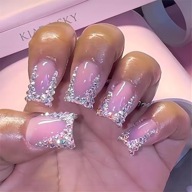 QQPPOLIU Short Press on Nails Square Nails with Rhinestone Design French Tips Cute Nails Press on Fake Nails for GirlsPink Silver