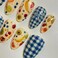 RIICFDD Cute Nails Short Almond Fake Acrylic Bow Press Ons with Blue White Plaid Designs Full Cover Glossy Glue on Nails for Women 24 Pcs