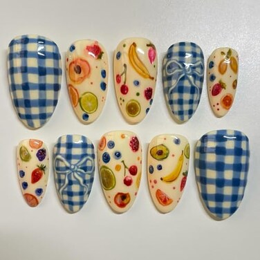 RIICFDD Cute Nails Short Almond Fake Acrylic Bow Press Ons with Blue White Plaid Designs Full Cover Glossy Glue on Nails for Women 24 Pcs