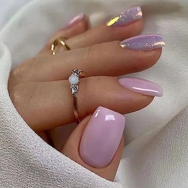 RIICFDD Press on Nails Short Square Fake Nails Light Purple False Nails with Glitter Designs Spring Summer Glossy Artificial Acrylic Nail for Women Girls 24Pcs