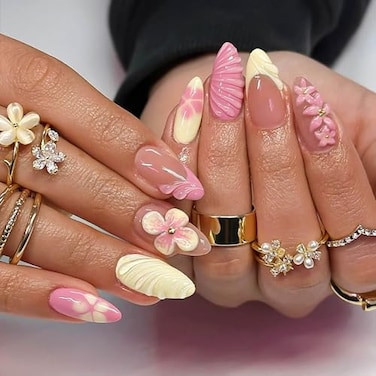 RUOKEXIN Almond Style 0236 24pcs Glossy Art Deco PressOn False Nails with 3D Flower Designs Medium Glue on Nails Cute Stick on Nails for Women
