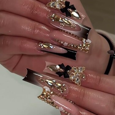 RUOKEXIN Black French Tip Fake Nails Square False Nails with Gold 3D Butterfly Designs Glitter Glue Black Bow Cute Stick On Nails for Women 24Pcs