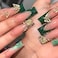 RUOKEXIN Long Square Press on Nails Green French Tip Fake Nails Gold Glitter False Nails with Gold 3D Butterfly Designs Long Square Glue on Nails Sparkly Artificial Nails Cute Stick on Nails for Women