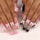 RUOKEXIN Long Square Presson Nails French Tip False Nails with Bow Rhinestones Designs Pink Black Sparkly Artificial 24Pcs