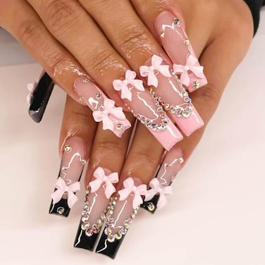 RUOKEXIN Long Square Presson Nails French Tip False Nails with Bow Rhinestones Designs Pink Black Sparkly Artificial 24Pcs