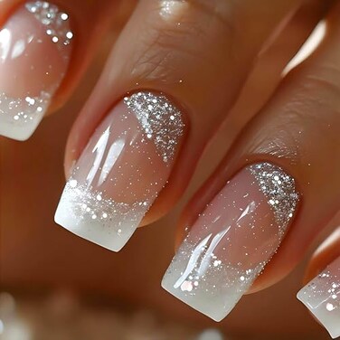 RUOKEXIN Press on Nails White French Tip Fake Nails Square Medium Length False Nails with Silver Glitter Designs Ombre Glossy Artificial Nails Acrylic Glue on Nails Natural Stick on Nails for Women