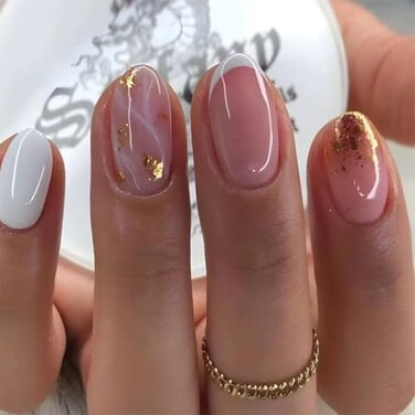 CTTHNBD Short Press Almond White French Tip False Nails with Gold Glitter Design Glue on Pink Full Cover Stick on Cute Acrylic Artificial Nails for Women Manicure 24Pcs