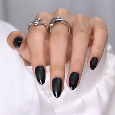 ShangMeng Soft Gel Black Press on Nails Almond SHANGMENG Short Nails with Glossy French Tips in a Matte Finish Stick on Nails with Glue in 16 Sizes 32 Reusable Fake Nails for Women Matte Black