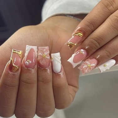 Lukmexor Spring French Press On Nails Medium Square White Fake Nails 3D Pink Flower Nail Press Ons With Gold Pearl Design Gold Nail Tip False Nails Summer Stick On Nails Full Cover Glue On Nail For Wo