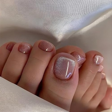 KAICCOSO Square Cat Polish Glossy False Toe Nails with Glitter Designs Extra Short Acrylic Stick Ons for Women Girls