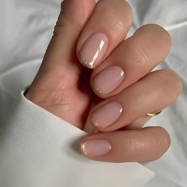 Stbisen Press On Nails Short Square Pink Fake Nails with French Tips and Gold Border Accent Glitter Designs Glossy Gel Finish Summer Nails Natural Reusable Glue On Nails Suitable for Work 30Pcs