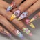 SEENEEY Summer Long Press on Nails Almond Fake Nails Flowers Colorful Artificial Nail with Rhinestone Beach Designs Stick on Nail for Women 24pcs