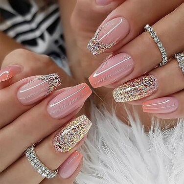 SWEKKE Press On Nails Medium Coffin French Tip Orange Gradient Full Cover With Designs Glitter Glossy Glue On Acrylic Artificial for Women Girls 24Pcs