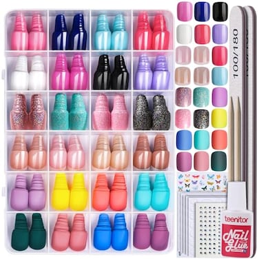 Teenitor 24Pack Short Press On Nails 576Pcs Short Square Press On Nails Matte Glossy Glitter French Nails 12 Sizes Fake Nails With Glue
