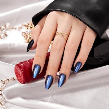 VSALON Almond Short Press on Nails Dark Blue Cat Eye Nails Kit for Newbies
