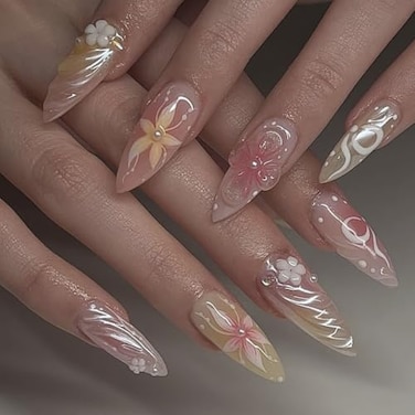 XZMeiLun 3D Handmade Spring Summer Pink Press On Nails Almond Medium 24 Pcs 3D Flowers Designer Reusable Acrylic Fake Nails with Glue Party And Daily wear Nails for Women Gift