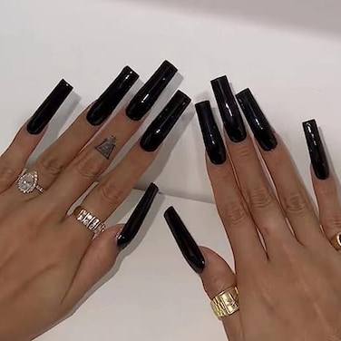 IMSOHOT Long Square Press on Nails Glossy Squoval Black Fake Nails Solid Color False Nails Full Cover Glue on Nails for Women and Girls