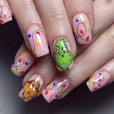 FUKIDOG Christmas Press on Nails Medium Length Square Fake Nails With Glitter Design Full Cover Acrylic Winter Monster False Designs Cute Xmas Artificial Nail Decorations for Women