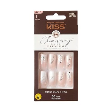 KISS Classy Press On Nails Nail glue included Stunning French Long Size Square Shape Includes 30 Nails 2g Glue 1 Manicure Stick 1 Mini file