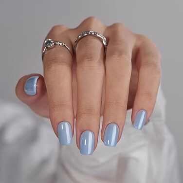 BTArtbox Press On Nails Short Square Press On Nail Blue Glossy Nail Tips Glue On Nails with Nail Glue Reusable Stick On Nails in 16 Sizes 32 Soft Gel Fake Nails Kit Ocean Glazed