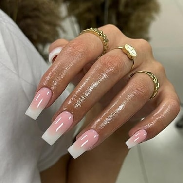 KXAMELIE Gradient Pink Press on Nails Long Square Ombre Medium Coffin Fake Nails Press onFrench Glue on NailsOpaque Acrylic Nails Set for Women Girls in 24 PCS