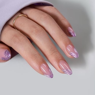 BTArtbox French Tip Press On Nails LampCurable Chrome Short Almond Press On Nails with Glue for Women SemiTransparent Soft Gel Glue On Nails in 16 Sizes 32 Stick On Nails Kit Mermaid Tail