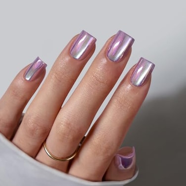 BTArtbox Press On Nails Short Chrome Cat Eye Square Press On Nails with Glue for Women Opaque Soft Gel Glue On Nails in 16 Sizes 32 Stick On Nails Kit Glass Ocean