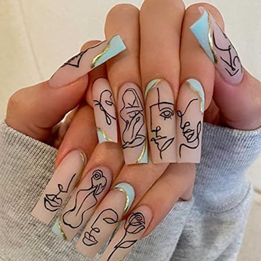 DANMANR Long Press on Nails Square French Fake Nails Full Cover Nude Acrylic False Nails for Women and Girls 24PCS Light Blue