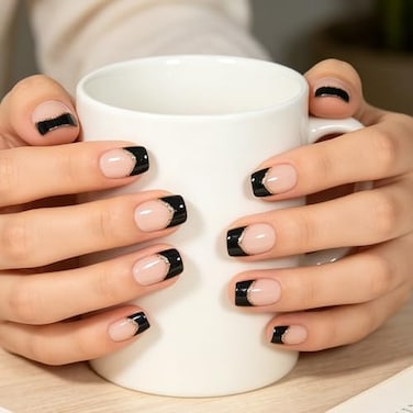 iMABC Press on Nails Nude Black French Glitter Tips Fake Nail Cute Short Glossy Shiny Solid False Nails Glue Acrylic Decoration Manicure Gift for Girls Women 24Pcs