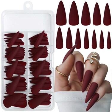 LoveOurHome 120pc Stiletto Press on Nails Long Fake Nails Matte Burgundy Nails Press ons Nail Stiletto Artificial Fingernails Long Pointy False Nails Full Cover Acrylic Nail Tips for Women Girls