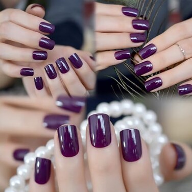Elevenail Elegant Purple Glossy Press On False Nails Short Squoval Fake Nails Daily Office Salon Manicure Reusable Acrylic Nail Art Tips Gift for Women Girls