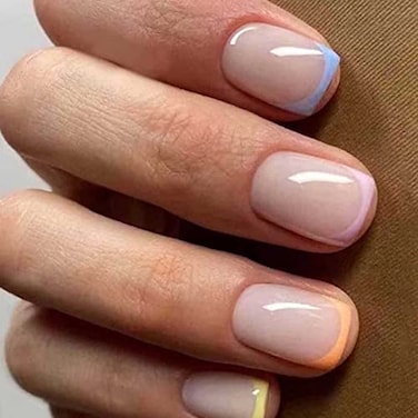 DANMANR Square Press on Nails Short Fake Nails French Acrylic Full Cover False Nails for Women and Girls 24PCS Multicolour