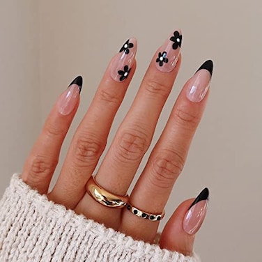 RTKHFZE 24 Pcs French Tip Flower Press on Nails Round Head Almond Shaped Full Cover False Nails with Black Designs Acrylic Tips for Women DIY Manicure Decorations